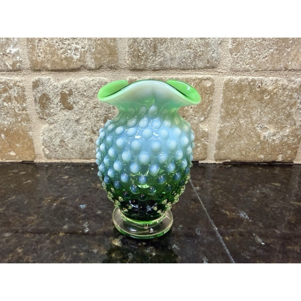 VTG Fenton Lime Green Opalescent Hobnail Bud Vase Flared